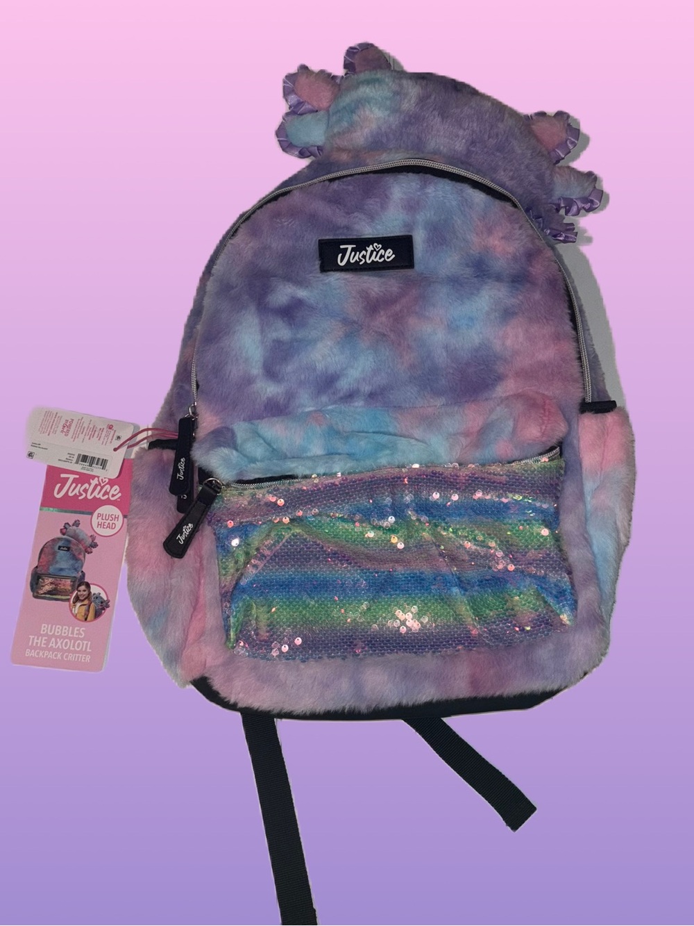 Justice Plush Tie-Dye Axolotl Plush Head sequins Backpack in Cotton Candy Colors